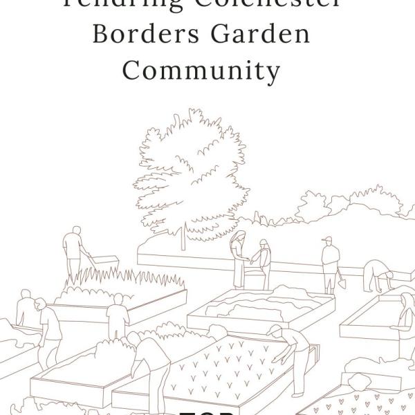 Text says "Tendring Colchester Borders Garden Community' in black, underneath is a sketch image of a community garden with trees in the background.