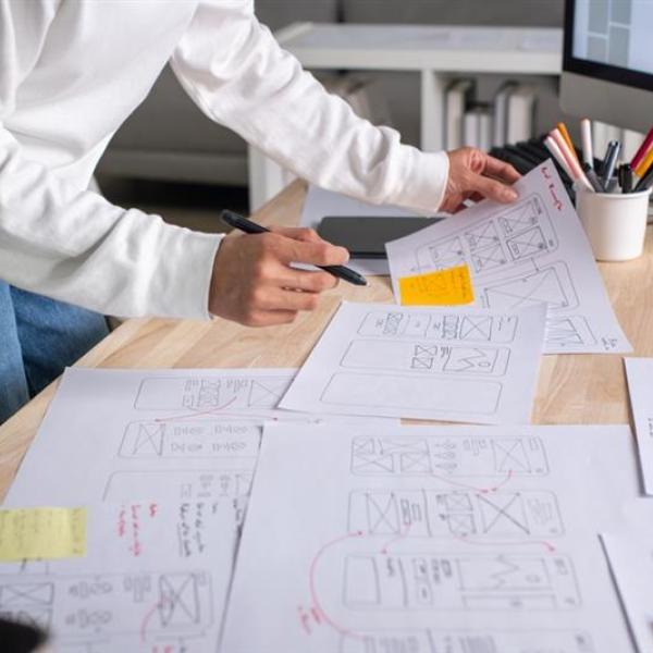 A person standing at a desk reviewing and marking UX wireframe sketches spread across the workspace, with a computer monitor and stationery in the background.