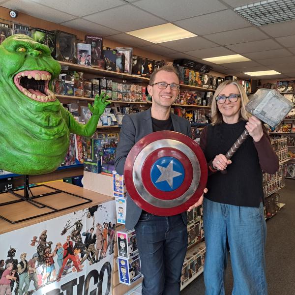 Cllr Lee Scordis with Kerrie Williams, owner of Ace Comics