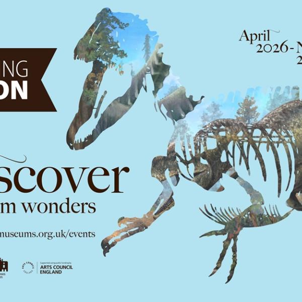 A poster advertising the Discover Museum Wonders exhibition and featuring a dinosaur skeleton