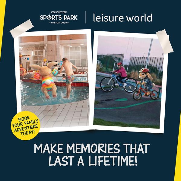 A digital graphic promoting Easter sports at Leisure World and Colchester Sports Park