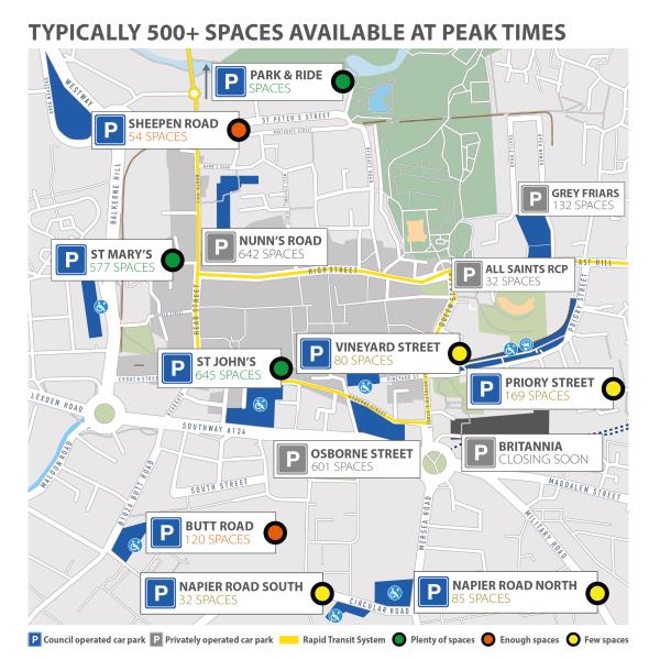 A map showing city centre parking locations