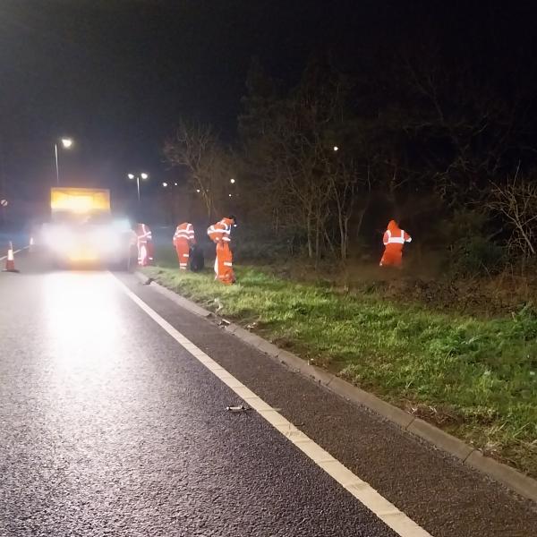 Council team clearing litter from a verge on the A12 at night
