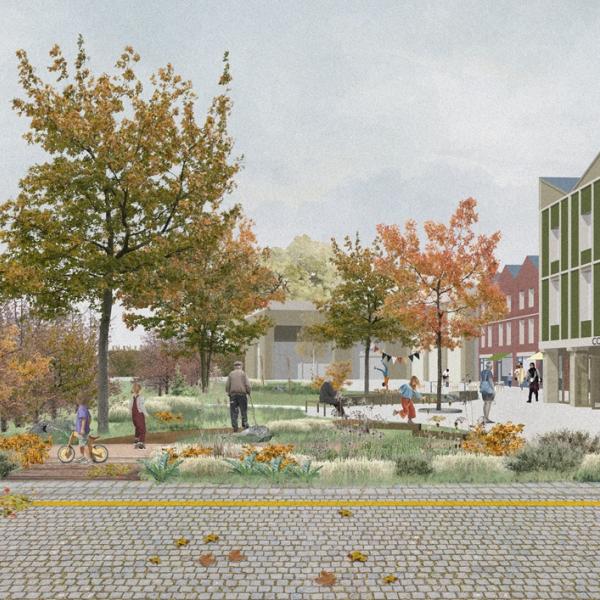 Illustrated artist impression of the view from Southern Neighbourhood Place, showing a paved road in the foreground. Behind that is a garden with shrubs and grasses with people using the community space, buildings are behind this