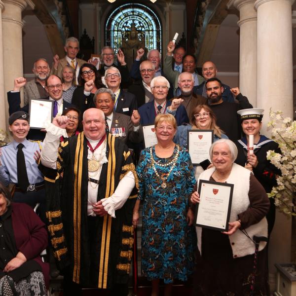 The Mayor of Colchester flanked by the winners of the 2026 Mayor's Awards
