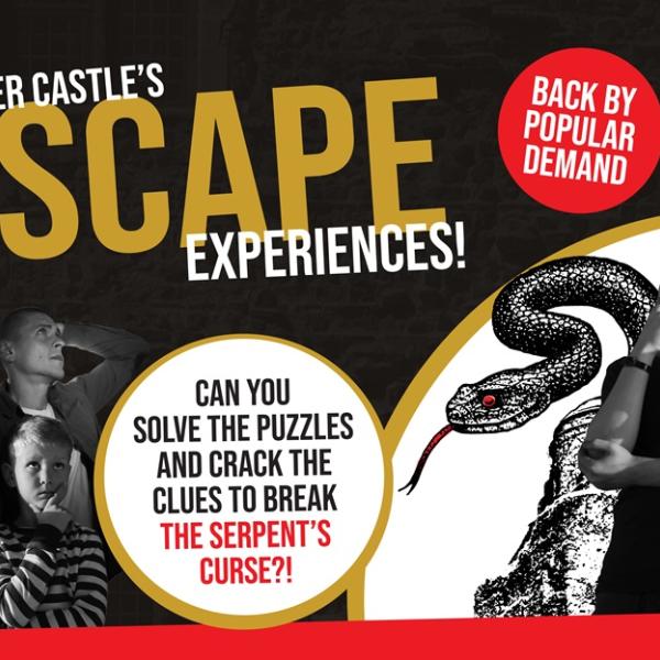 Promotional poster for Colchester Castle’s escape room experience, featuring people solving puzzles alongside a large illustrated snake and text about ‘The Serpent’s Curse’.