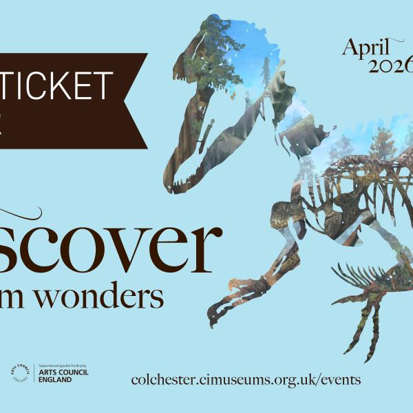 Graphic showing a dinosaur skeleton and text “June ticket offer”, “Discover museum wonders”, April 2026 to November 2027.