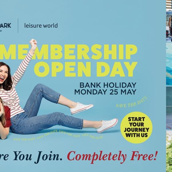 Promotional graphic for Colchester Sports Park membership open day, featuring activity images such as gym classes, swimming, badminton and cycling, with text ‘Try Before You Join. Completely Free!’ and date Monday 25 May.