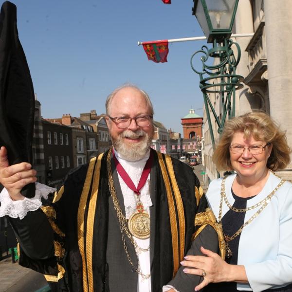 The Mayor and Mayoress of Colchester, Cllr Andrew Ellis and Mrs Nicky Ellis smile for the camera before the Mayor Making ceremony