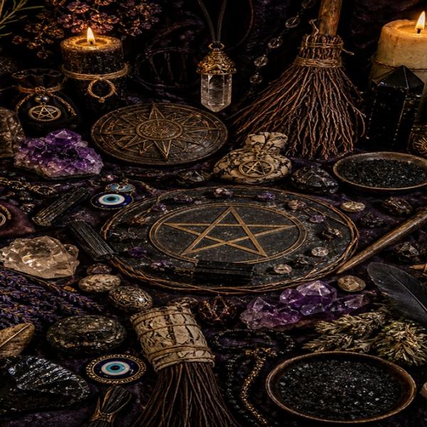A flat lay of candles, crystals, herbs, pentacle symbols, charms and small ritual objects on a dark surface