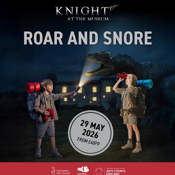 Promotional night‑time poster for ‘Knightzzz at the Museum: Roar and Snore’, showing two children with backpacks exploring a museum at night as a dinosaur appears in the background, with event date 29 May 2026 and pricing information.