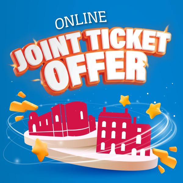 Graphic with “Online Joint Ticket Offer” text above stylised buildings and stars on blue background.