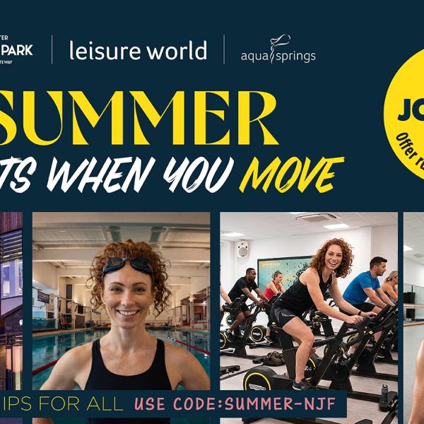 Promotional poster reading Summer starts when you move showing people exercising in gym and pool.