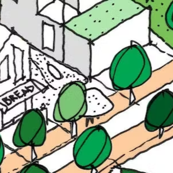 Illustrated map showing houses, a community building, trees, pathways, and a playground slide.Provide your feedback on BizChat