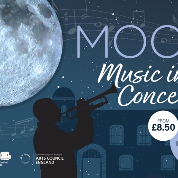 Promotional poster for Moon Music in Concert, featuring a large moon, trumpet-playing silhouette, and event details for 12 August 2026.