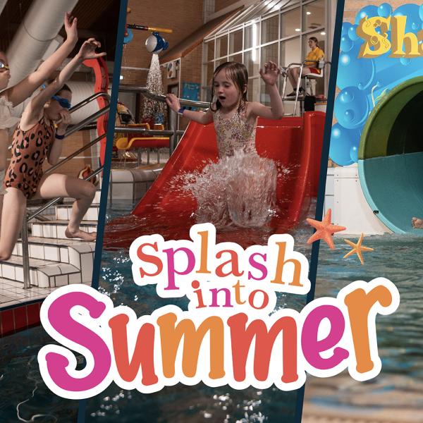 Children and adults ding into a pool and a child  exiting a water slide