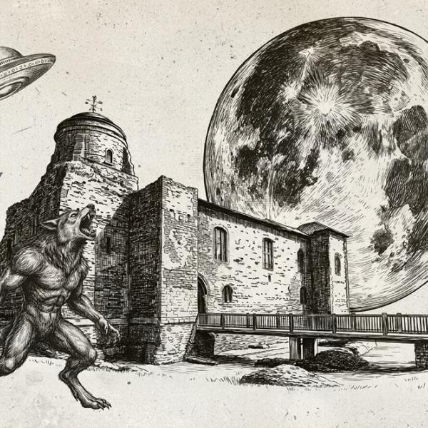 A black-and-white illustration of Colchester Castle with a werewolf, flying saucer and oversized moon.