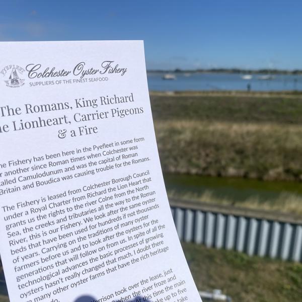 Leaflet about Colchester Oyster Fishery held against a waterside estuary background.