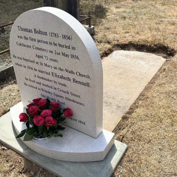 A photograph showing the new commemorative headstone of Thomas Bolton, the first person to be buried in Colchester Cemetery