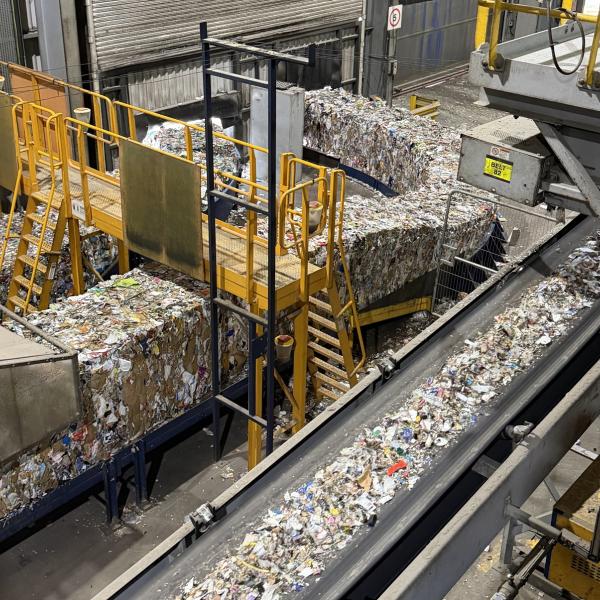 A line of sorted waste in a recycling facility