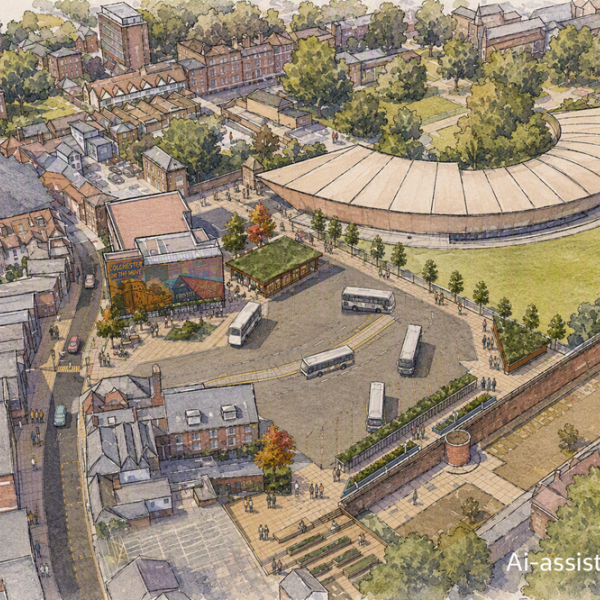 An AI impression of the proposed Bust Station Interchange at Painters Yard