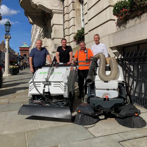 Investment in cleaning machines to enhance the city centre.  Left to right - Cllr Paul Dundas, Leader of the Council, Bradley Lestrange, Neighbourhood Warden, Cllr Martin Goss, Portfolio Holder for Waste, Neighbourhoods and Leisure, Ian Rose, Senior Neighbourhood Operative, and Cllr David King, Deputy Leader and Portfolio Holder for Local Government Reorganisation, Communities and Public Protection