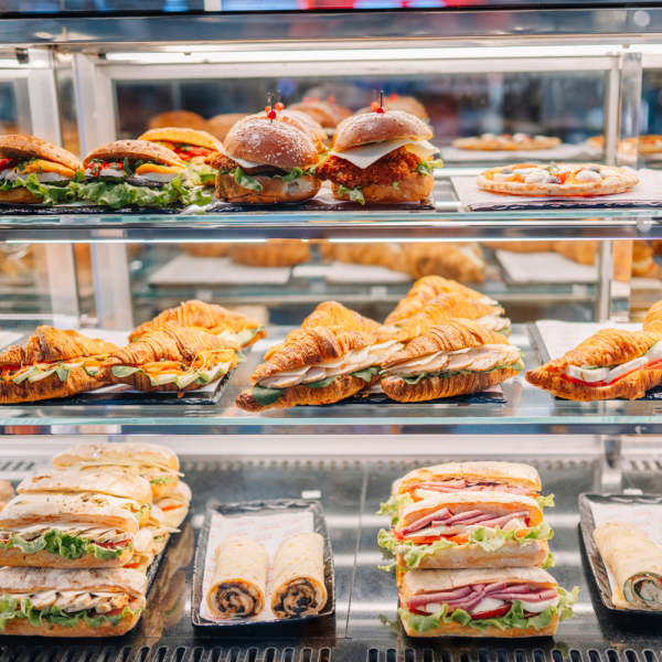 Assorted sandwiches, croissants, burgers and a pizza displayed in a refrigerated café cabinet