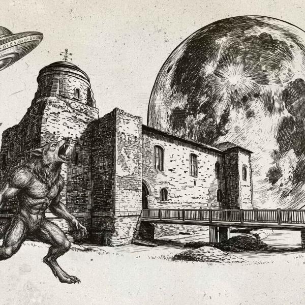 Sepia coloured sketch image of a werewolf howling in front of a castle with a UFO and big full moon on the background