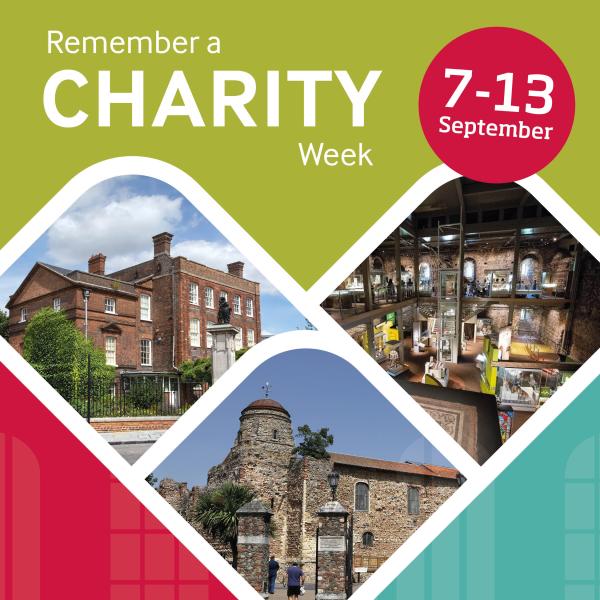 Promotional graphic for Remember a Charity Week, taking place 7 to 13 September. The design features a light green background with large white text reading “Remember a CHARITY Week” and a pink circular badge displaying the dates. Three photographs are arranged in curved diamond-shaped frames: a historic red-brick building, the interior of a museum with exhibition displays, and an ancient stone building with a round tower. Decorative pink and teal geometric shapes appear in the lower corners of the image. 
