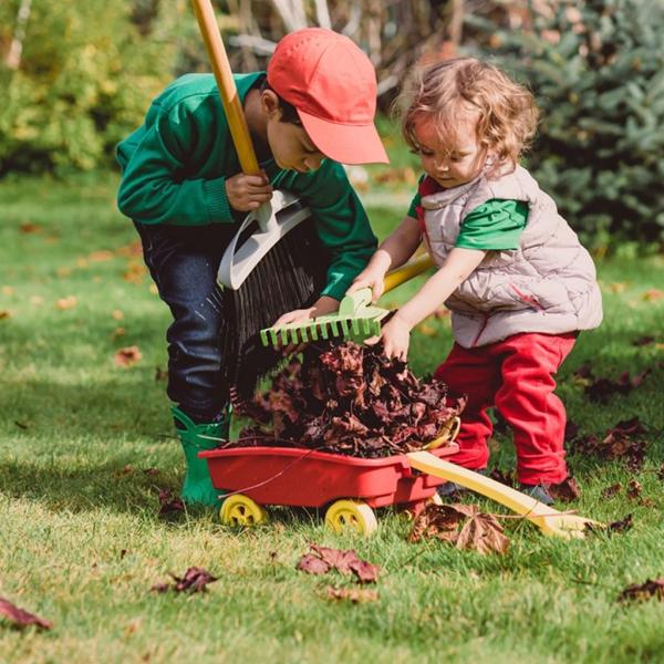 Two children picking autumn leaves into a play wheelbarrow