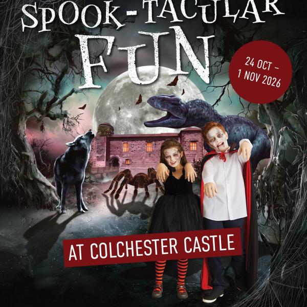 Halloween poster for Colchester Castle with costumed people, a dinosaur, wolf, spider and full moon.