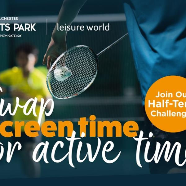 A badminton racket and shuttlecock on an indoor court with text promoting half-term activity challenges.
